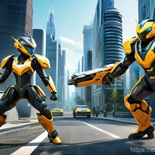 미니특공대 스토리의 감동 포인트 - A vibrant, action-packed illustration of the Miniforce team (Volt, Sammy, Lucy, and Max) in their di...