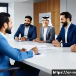 미니특공대 볼트의 리더십 발휘 사례 - A diverse Arab business team in a modern office setting, engaged in an open and dynamic discussion a...