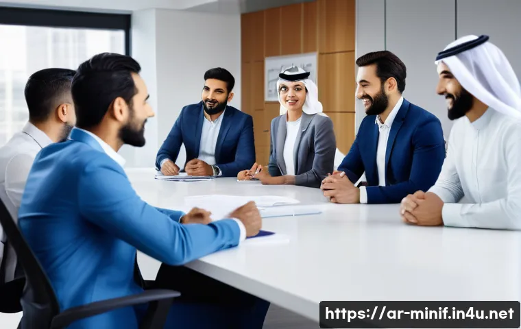 미니특공대 볼트의 리더십 발휘 사례 - A diverse Arab business team in a modern office setting, engaged in an open and dynamic discussion a...
