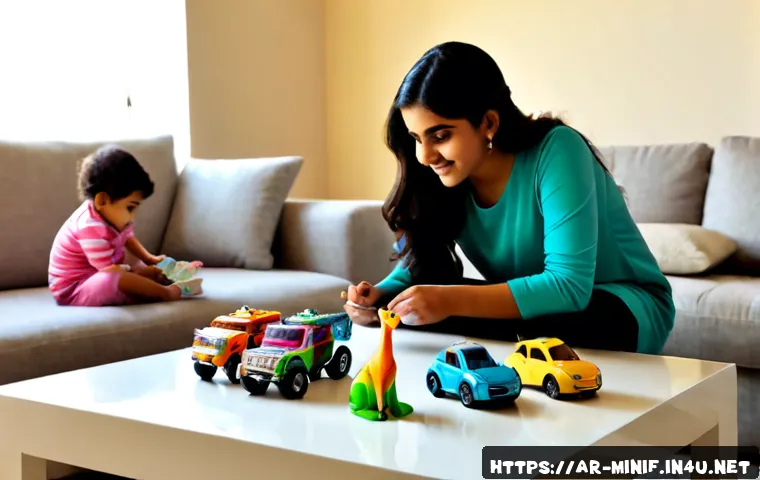 미니특공대 2025 트렌드 예측 - Photorealistic family living room in a modern Arab home, two children wearing modest casual clothing...