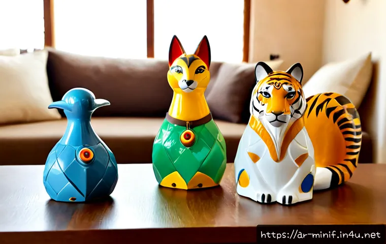 미니특공대 캐릭터별 변신 아이템 - Photorealistic product-style scene of four distinct color-coded animal-themed hero transformation ga...